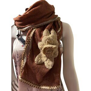 Manyus Handcrafted Brown Scarf With Beige Crochet Flower & Pearl Accents